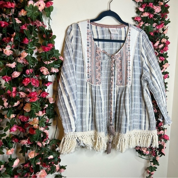 Knox Rose Boho Fringe 3/4 Sleeve Cardigan Size XL Blue Orange Eccentric Womens - Picture 2 of 9